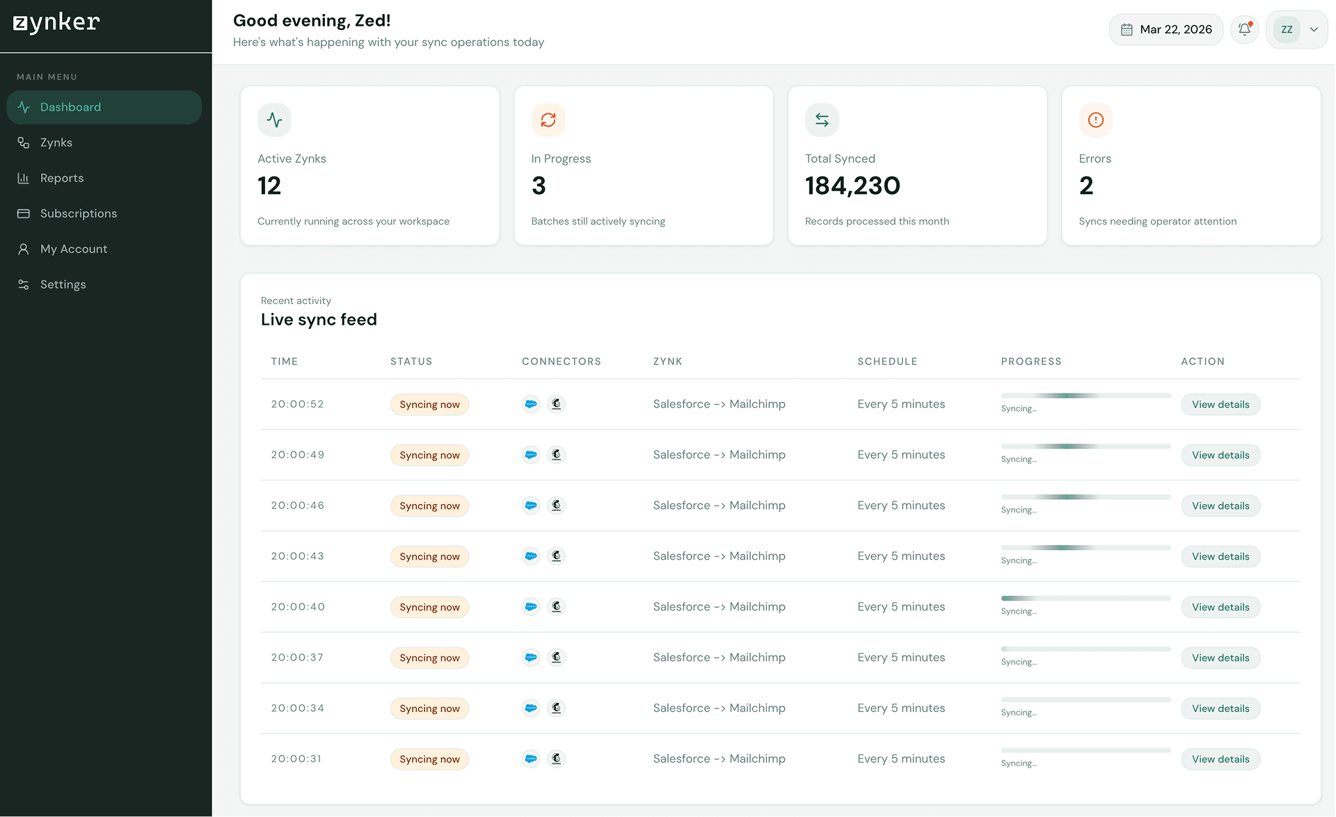 Zynker dashboard preview showing real-time sync status